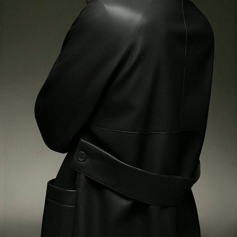 Black Casual Women High Neck Faux Leather Trench Coat - Picture 6 of 6